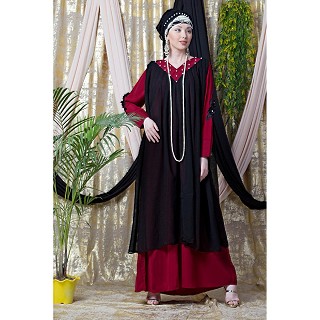 Party wear double layered abaya- Black-Red